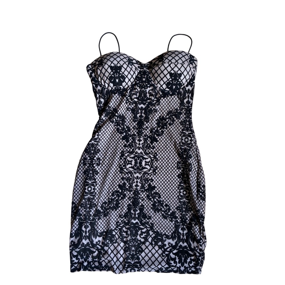 Windsor Black Nude Damask Lattice Bodycon Mini Dress Sweetheart Padded Bust M